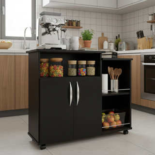 Armário Balcão para Cozinha com Prateleiras, 2 Portas e Rodízios em Oferta na Shopee