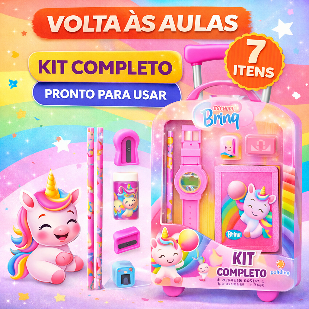 Kit Escolar Infantil 7 Itens com Relógio Carteira Lápis Borracha Apontador Presente Brinde Criança