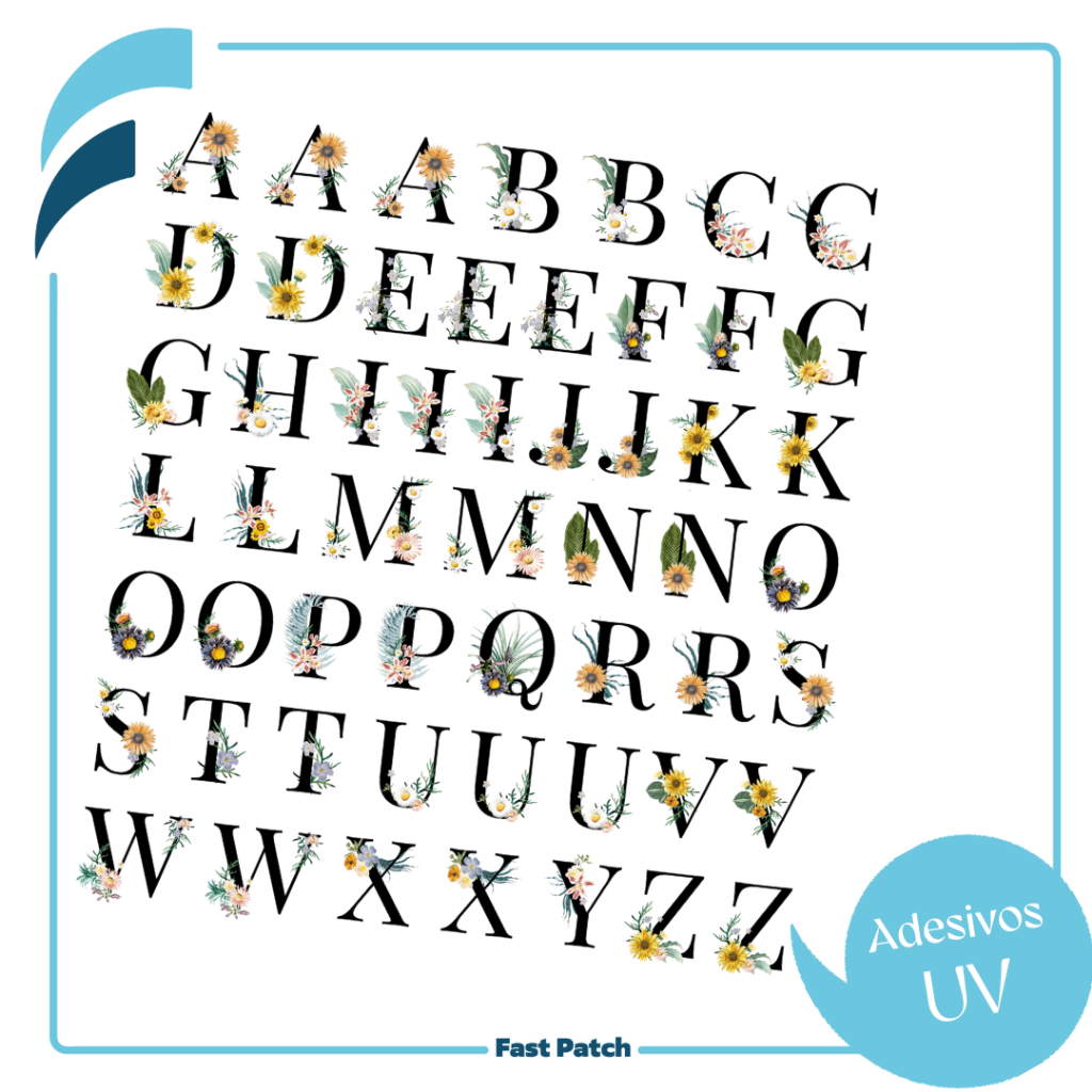 Aplique Monograma Alfabeto Preto Floral Verniz DTF UV 2cm altura para xícaras garrafas cadernos