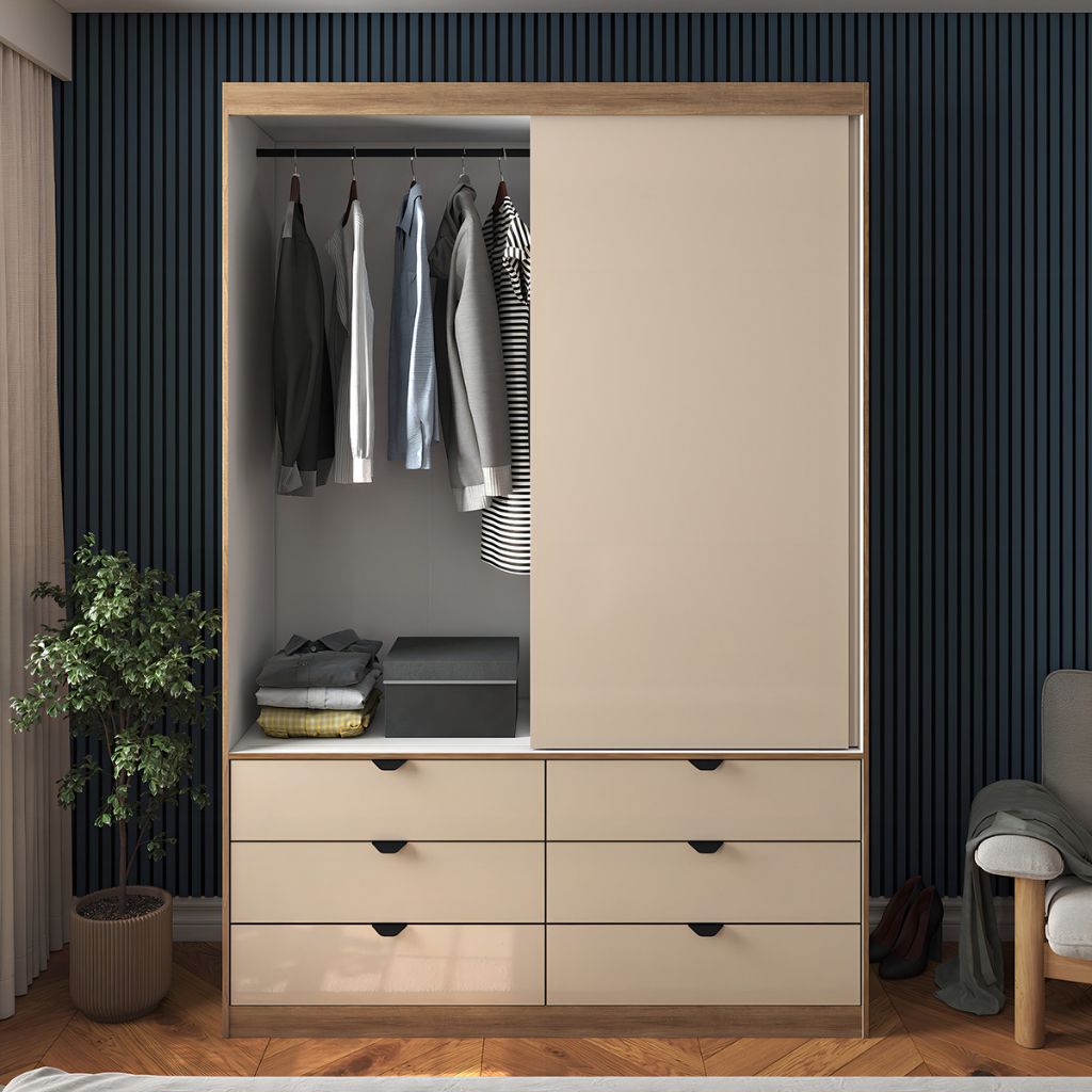 Guarda-Roupa Industrial Solteiro Em MDF Com 2 Portas De Correr E 6 Gavetas Design Moderno Estilo Industrial Para Quarto