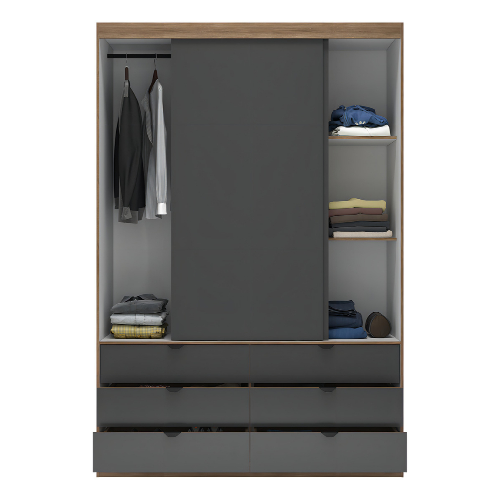 Guarda-Roupa Solteiro Roupeiro Acabamento MDF Com 6 Gavetas Espaçosas 2 Portas de Correr, Estilo Industrial Para Quarto