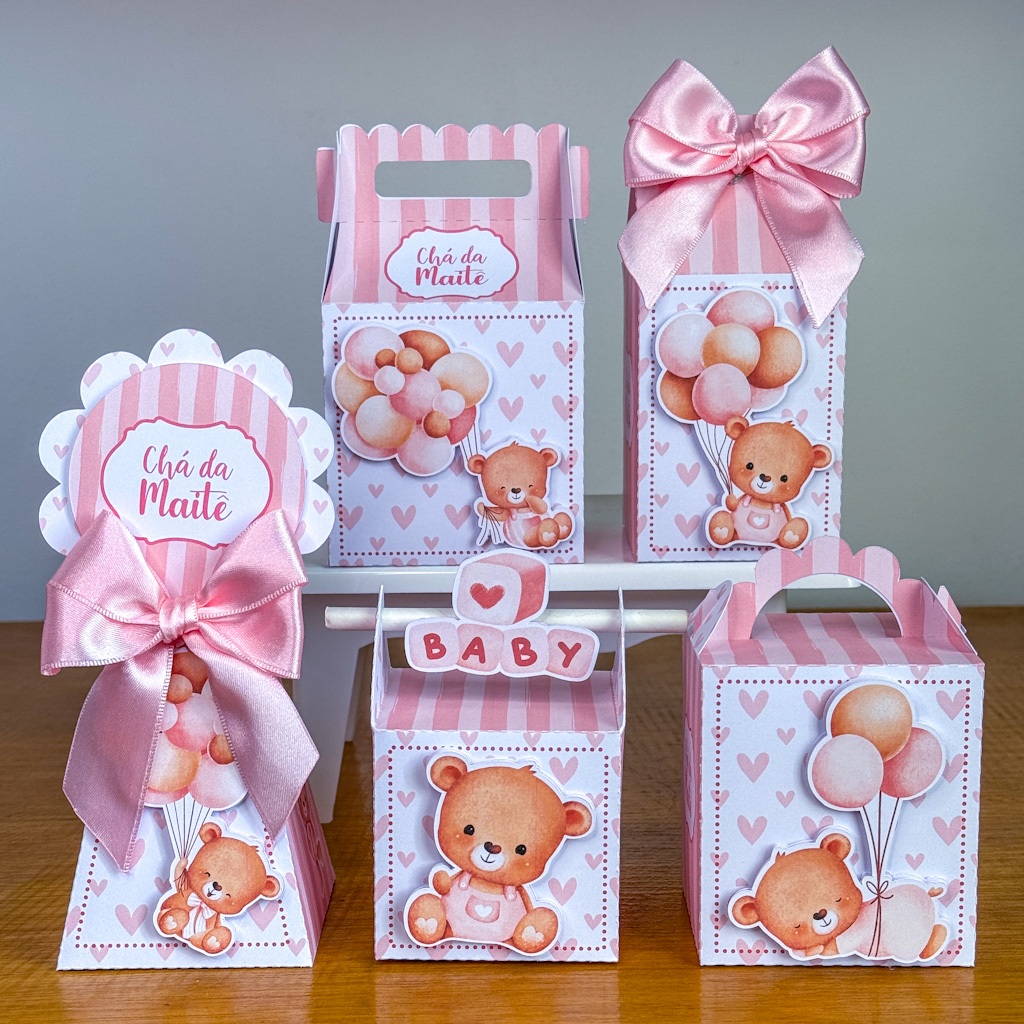 Kit Caixinhas Personalizadas Ursinha Rosa/Mimos,Lembrancinhas,Caixinhas,Infantil,Chá de Fralda Menina,Decoração