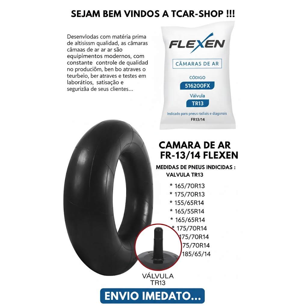Câmara De Ar Aro 13 14 Para Pneu Com Ou Sem Camara Flexen Carro Passeio Pneus 175/70-13 E 175/65-14