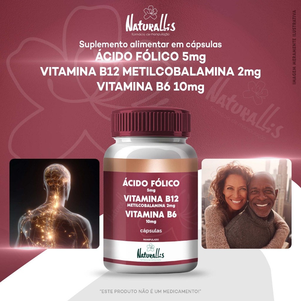 Ácido Fólico 5mg + Vitamina B12 Metilcobalamina 2mg + Vitamina B6 10mg - 30, 60, 90 ou 120 Cápsulas