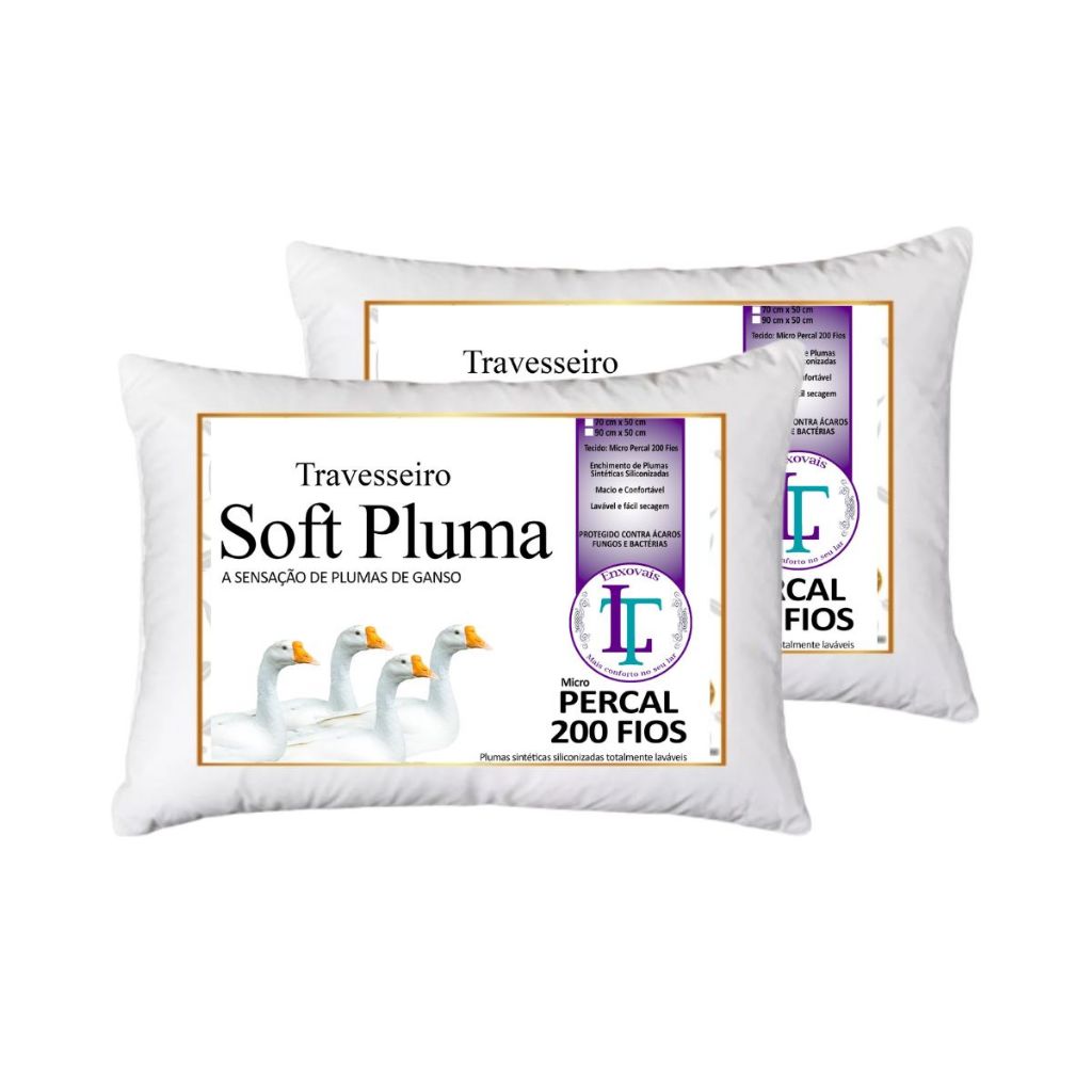Kit 2 Travesseiro Percal 200 Fios Soft Pluma de Ganso 70x50cm Confortável e Macio Antiácaro