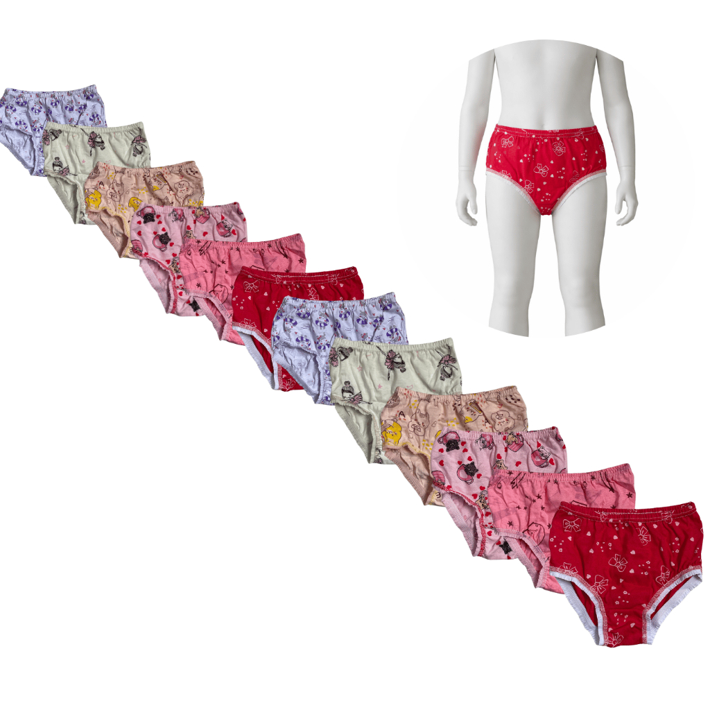 Kit 12 Calcinhas Kellynha Femininas Estampas com Bordado Infantil Juvenil 100% Algodão Confortável