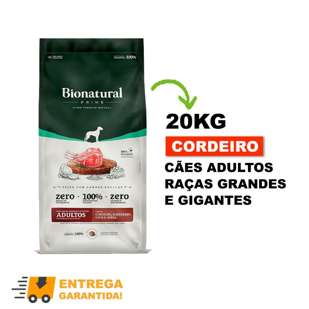 Ração Bionatural Prime para Cães Adultos de Raças Grandes e Gigantes Sabor Cordeiro 20KG em Oferta na Shopee