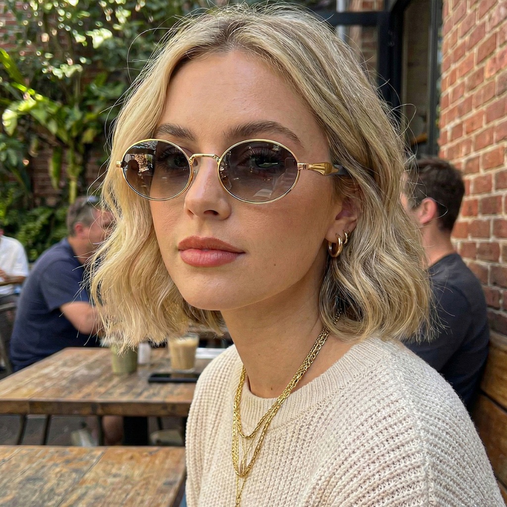 Óculos de Sol Feminino Oval Ilook Retrô Vintage Dourado com Preto Proteção UV400