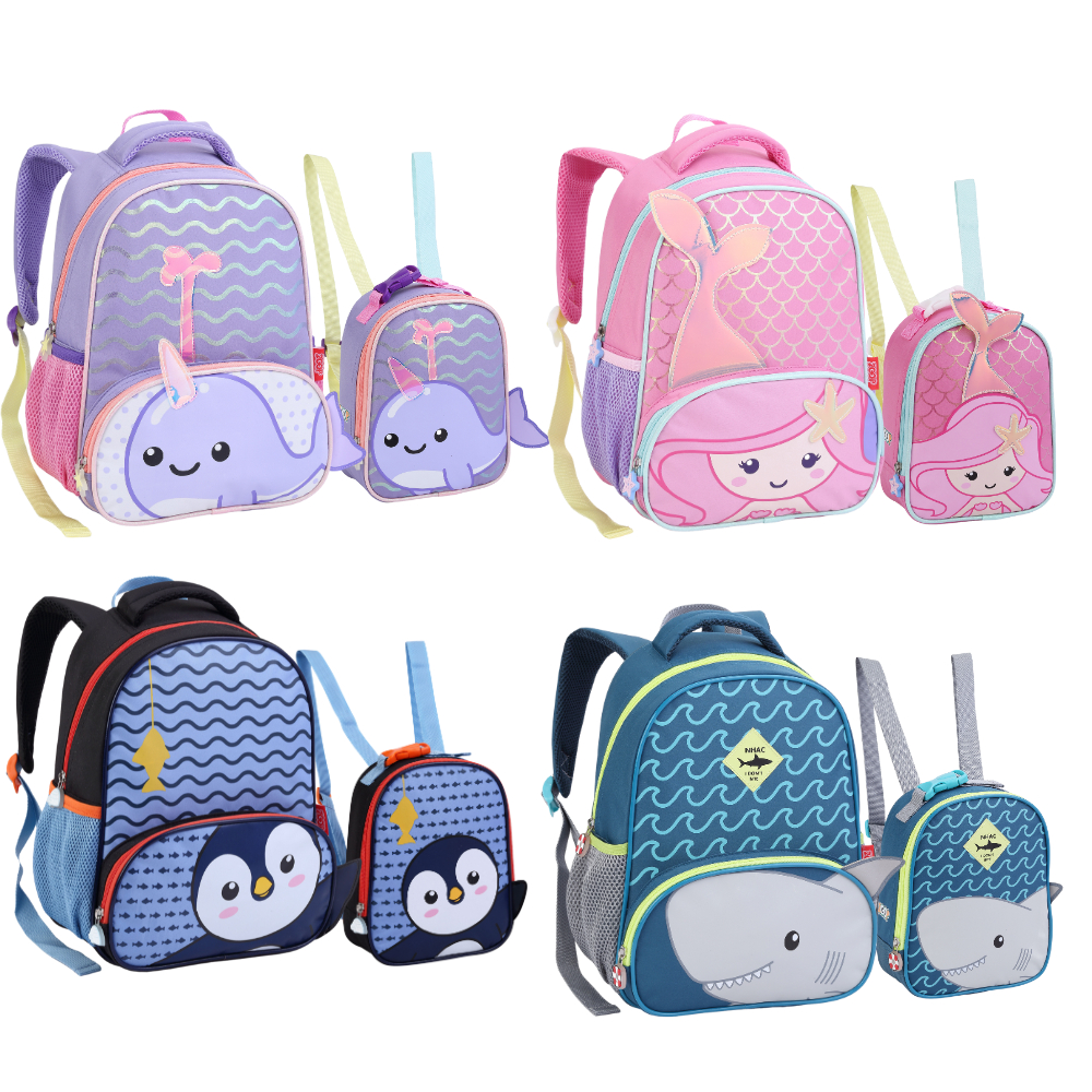 Mochila Infantil Lancheira Térmica Escolar 3D Bichinho Sereia Tubarão Baleia Pinguim Pets Meninos Meninas Zoop