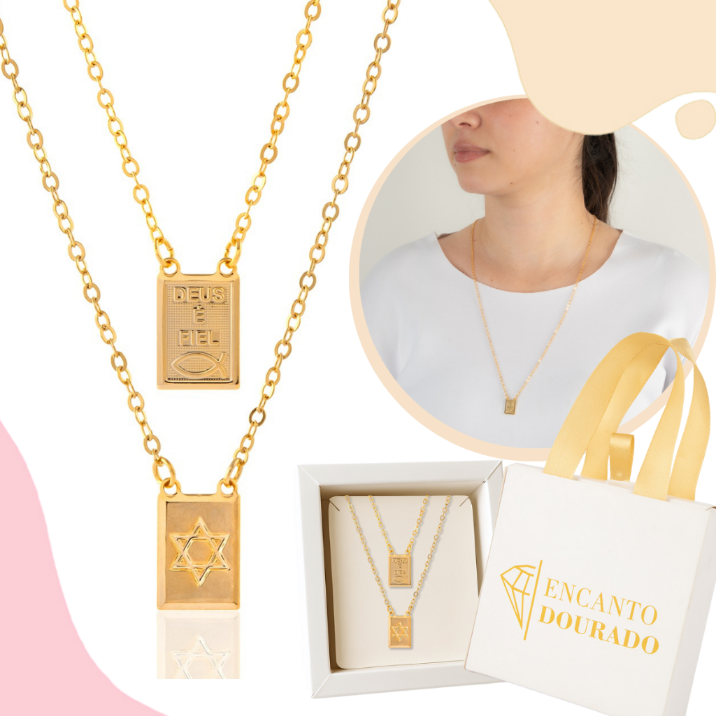 Escapulário Feminino Colar Banhado a Ouro 18k Masculina Deus é Fiel e Estrela de Davi