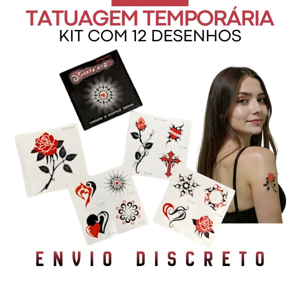 Tatuagem Temporária Removível Cartela com 12 Desenhos Decalque para Pele Tatuagem Pequena Tatoo Set