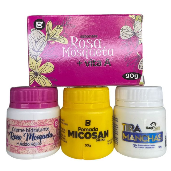 Kit com Cremes Clareadores Micosan, Rosa Mosqueta e Tira Manchas 4 Un. Baruc Cosméticos e NatyFlora