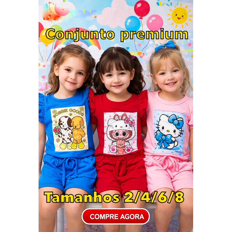 Conjunto Infantil Feminino Personagens – Blusa + Short | Look Confortável e Fofo conjunto premium blogueirinha com stras