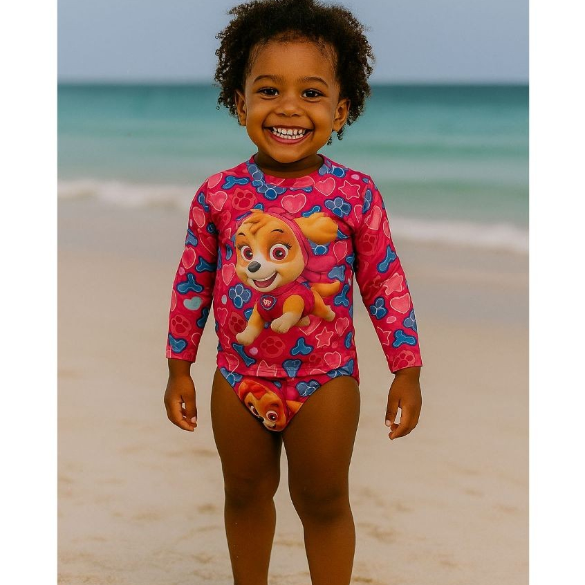 PRAIA CONJUNTO COM PROTEÇÃO UV 50+, CONJUNTO CONTÉM BIQUINI E CAMISA, TEMAS LABUBU SKYE PATRULHA CANINA, MINNIE, ANGEL