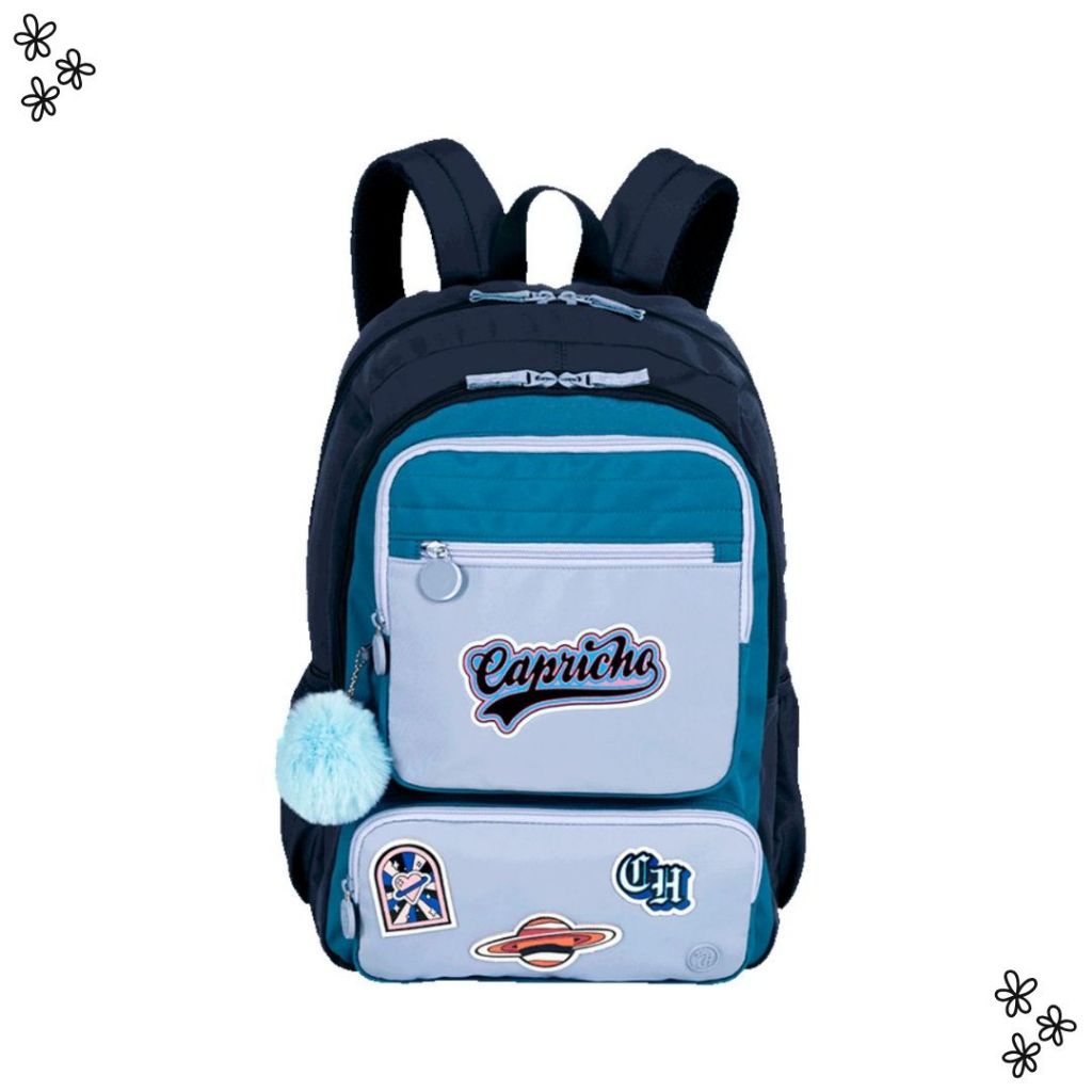 Mochila 2 Comp. Capricho Class Cosmic Patches Azul - Sestini