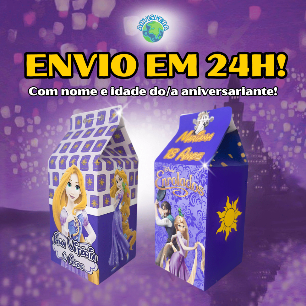 Caixinhas Enrolados Rapunzel Surpresa Milk Leite Personalizada com Nome Idade Para Festas de Aniversário e Lembrancinhas