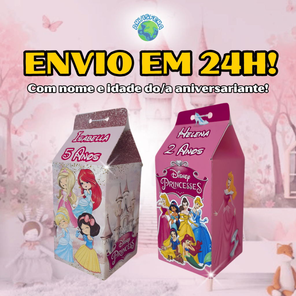 Caixinhas Surpresa Princesas Disney Cute Milk Personalizadas Com Nome e Idade Para Festas de Aniversário Lembrancinhas