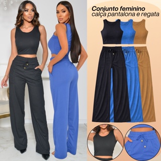 Conjunto Feminino Calça e Blusa Pantalona Regata Canelada Cintura Alta Moda Verão em Oferta na Shopee