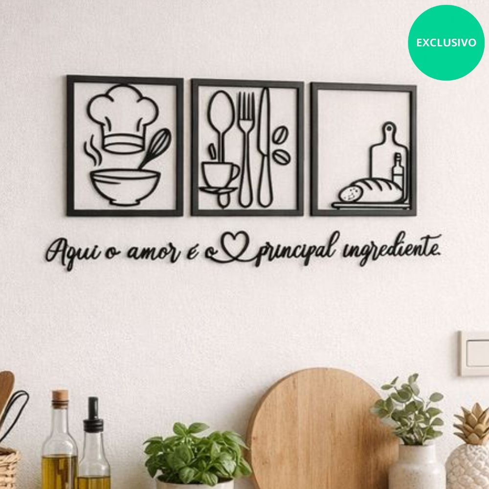 Kit 3 Quadros Cozinha Chef Decorativo Café Xicara + Frase Temperos da vida de Parede Variados Mdf