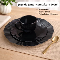 JOGO DE JANTAR 12 PEÇAS PRETO COM XÍCARA 200ML, PLÁSICO/ACRÍLICO, MESA POSTA, LINDO E RESISTENTE