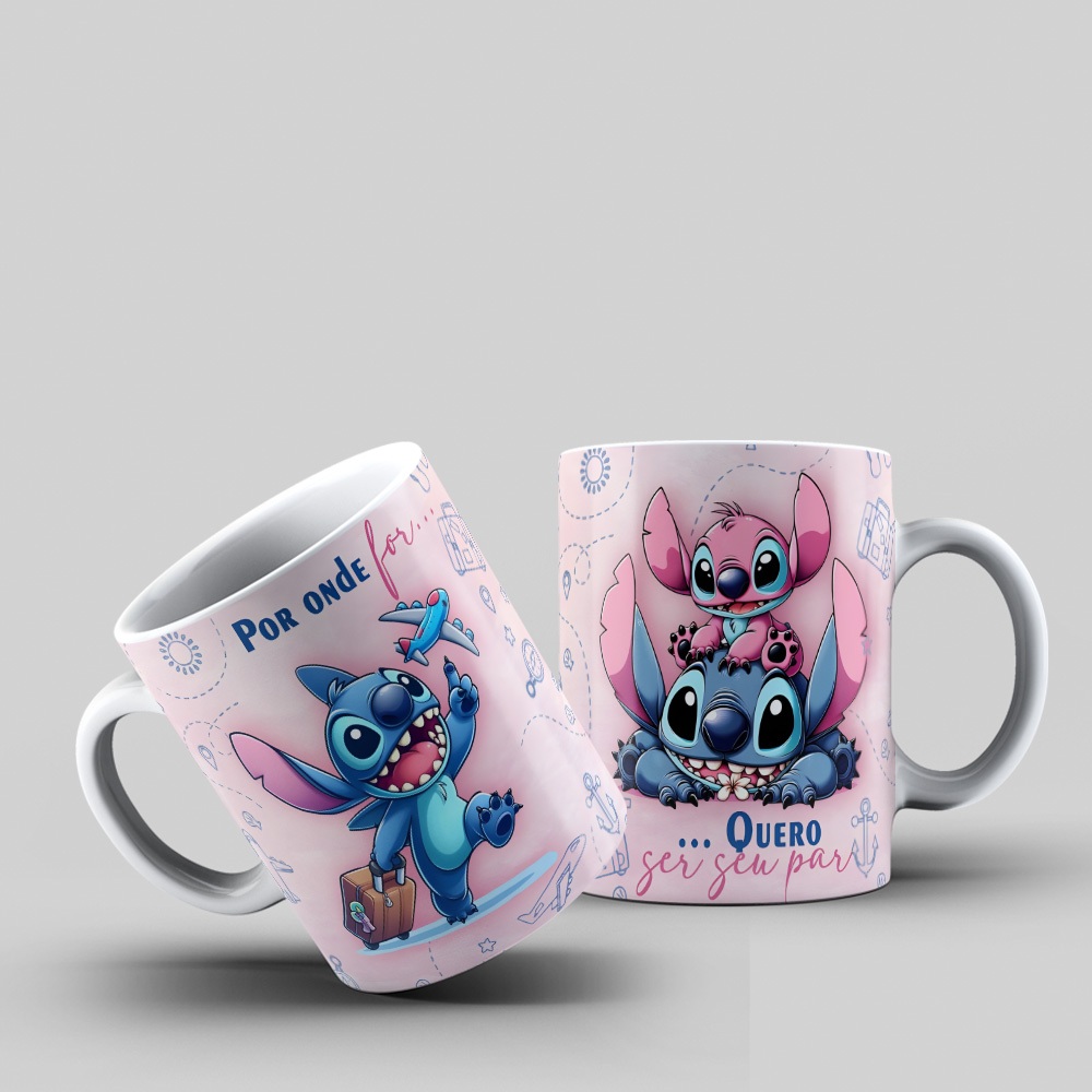 Caneca Casal Stitch e Angel Por Onde For Viagem Presente Namorados Disney Lilo e Stitch