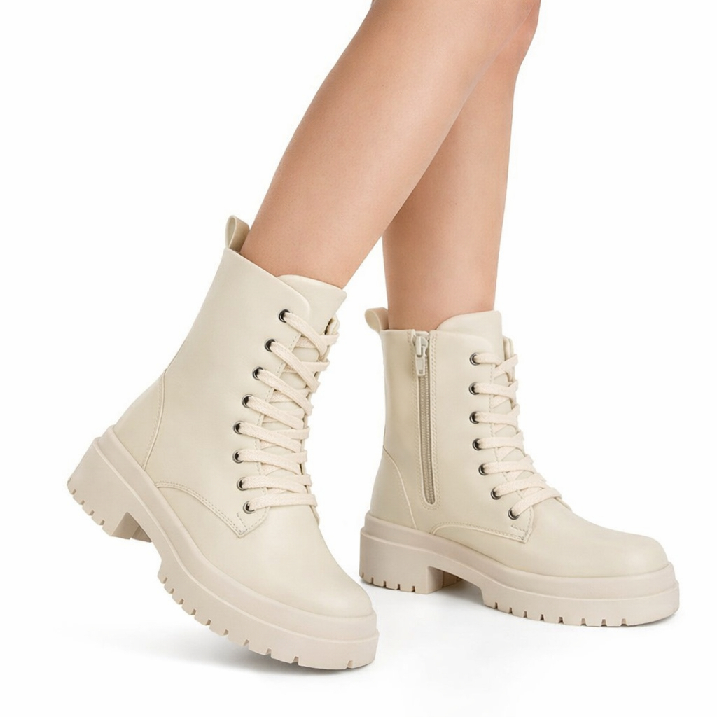 Coturno Plataforma Tratorado Bege Blogueira Ziper Interno Bota leve