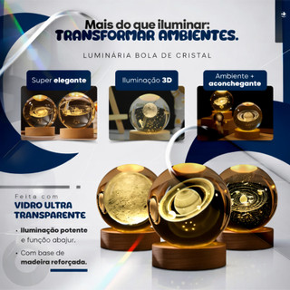 Luminária LED USB Globo de Cristal 3D 6cm Sistema Solar Lua Decoração Quarto Presente Místico