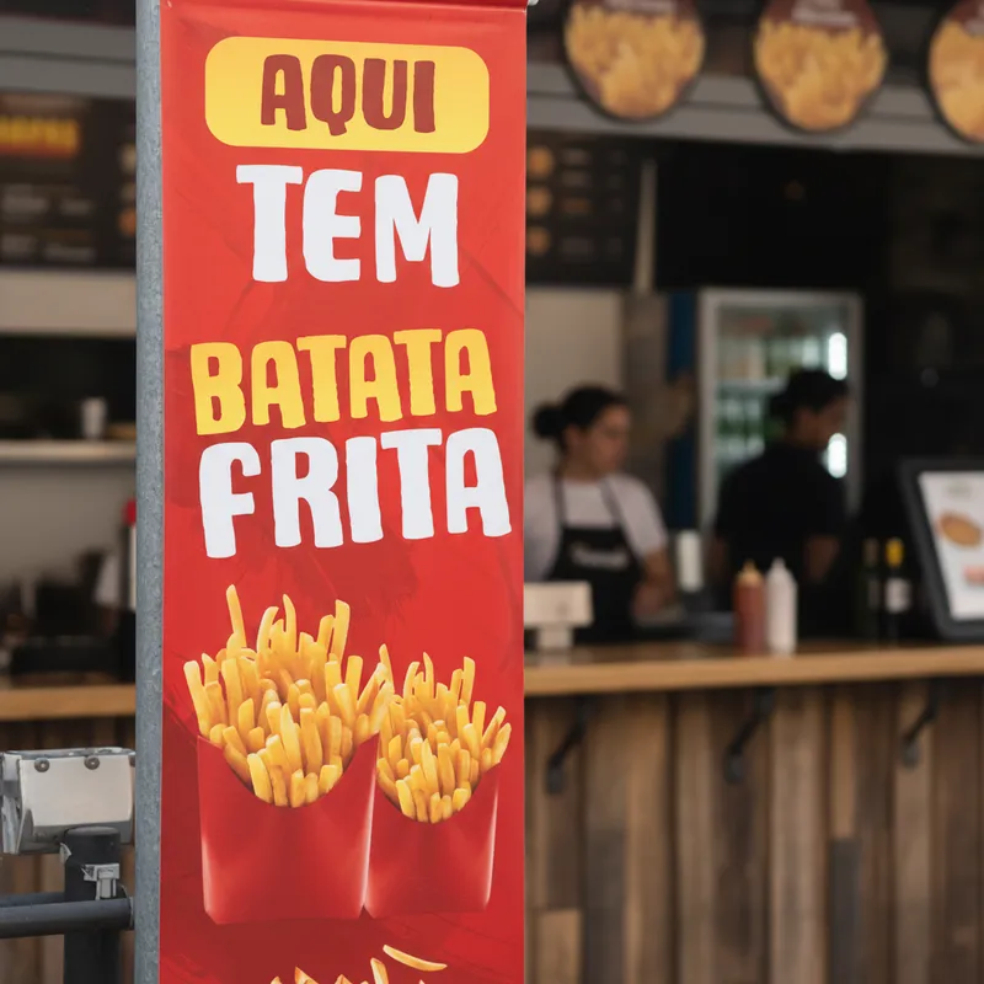 Banner Faixa Lona Aqui Tem Batata Frita Porção Lanchonete Restaurante Lanchonete Fast Food 100x30
