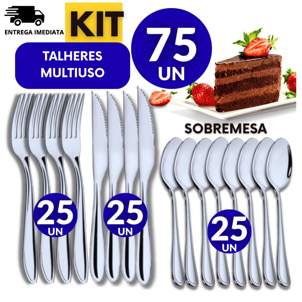 Jogo Com 75 Peças Talheres Inox 25 Garfo 25 Faca 25 Colher Sobremesa Premium Resort Cozinha Buffet Restaurante Utilidade