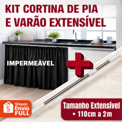 Kit Cortina E Varão Extensível Para Pia Cozinha Armário Balcão Bastão Porta Cortina Multiuso Casa