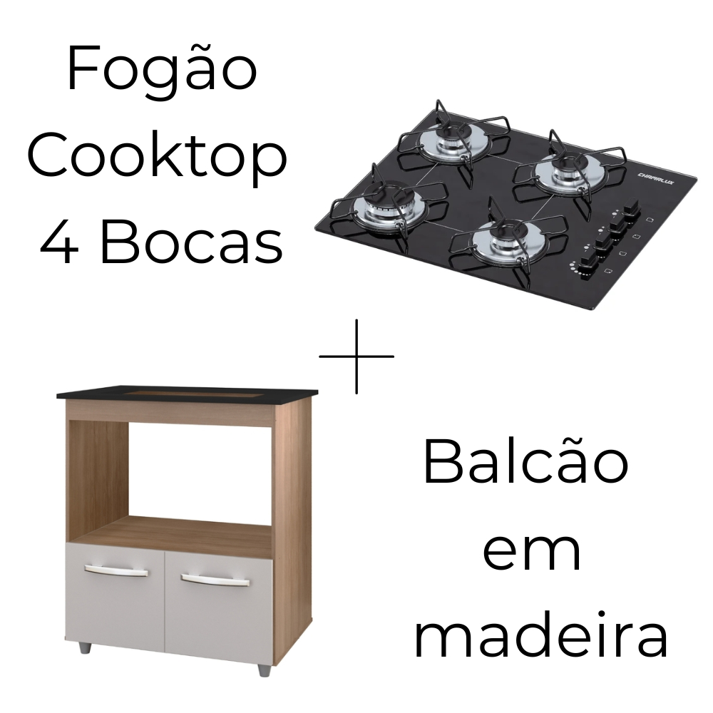 Fogão Cooktop Chamalux A Gás 4 Bocas + Balcão em Madeira Elisa