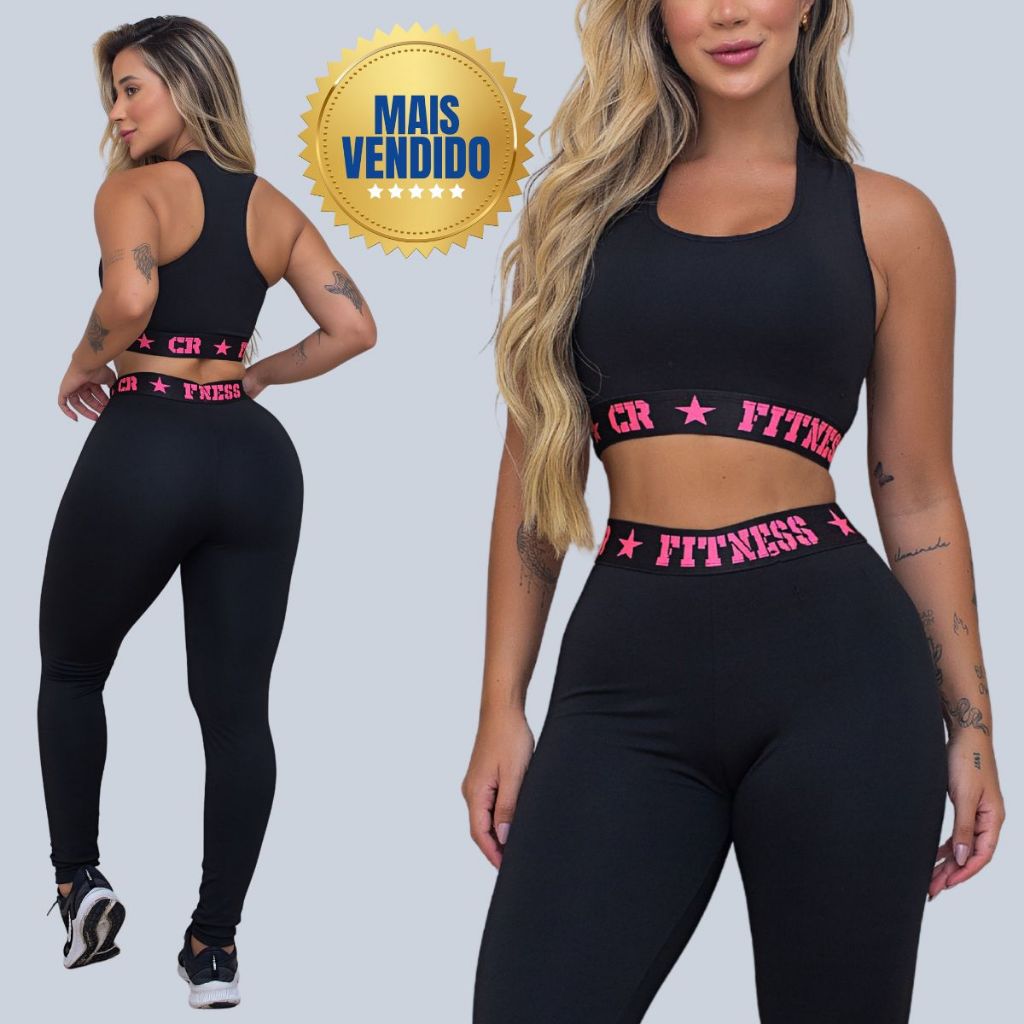 Conjunto Academia Top e Legging Elastico Exposto Cintura Alta em Oferta na Shopee