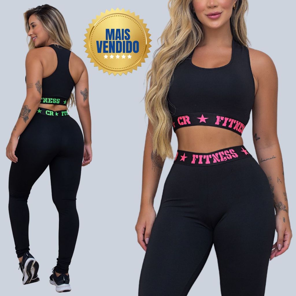 Kit 2 Conjuntos Academia 2 Tops e 2 Legging Elastico Exposto