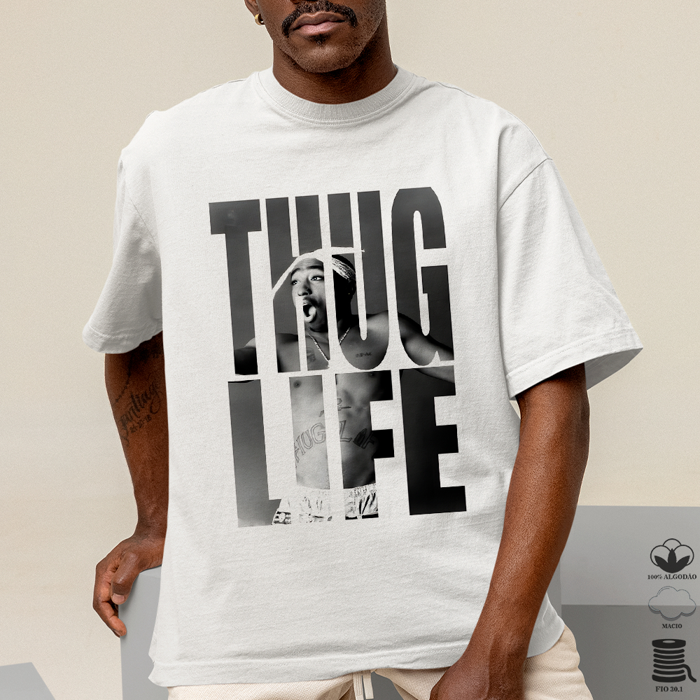 Camiseta Básica e Oversized Algodão Estampado Streetwear Tupac 2Pac Thug Life Banda Rap Americano YK