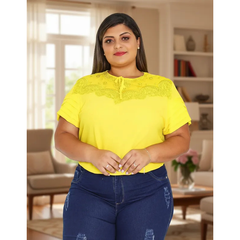 Blusa Feminina Plus Size Pedraria Manga Curta  Sku: Bp12