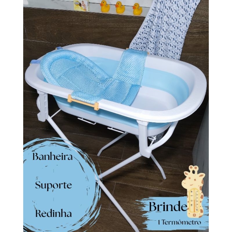 Banheira para Bebê Retrátil + Suporte Dobrável e Redinha 33L Leve Compacta Termômetro de BRINDE AZUL