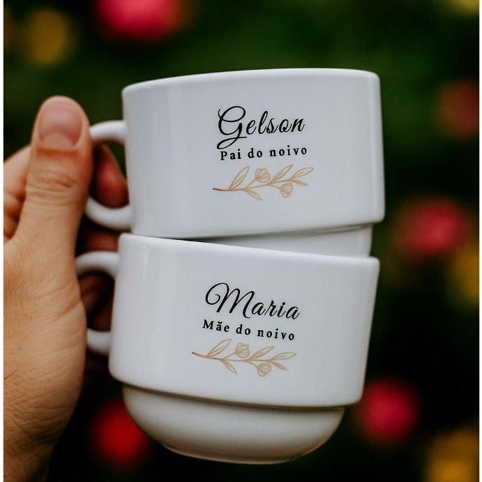 Modelo 6 | Kit Xícara Porcelana Casamento Mãe da noiva, pai do noivo, Padrinhos, Minimalista 150ml em Oferta na Shopee