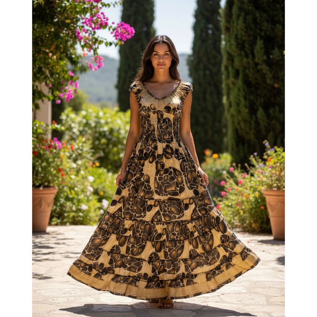 Vestido Longo Indiano Seda, Manga Ciganinha, Godê Super Rodado, Lastex nas Costas Estampado Feminino - Camarim 18