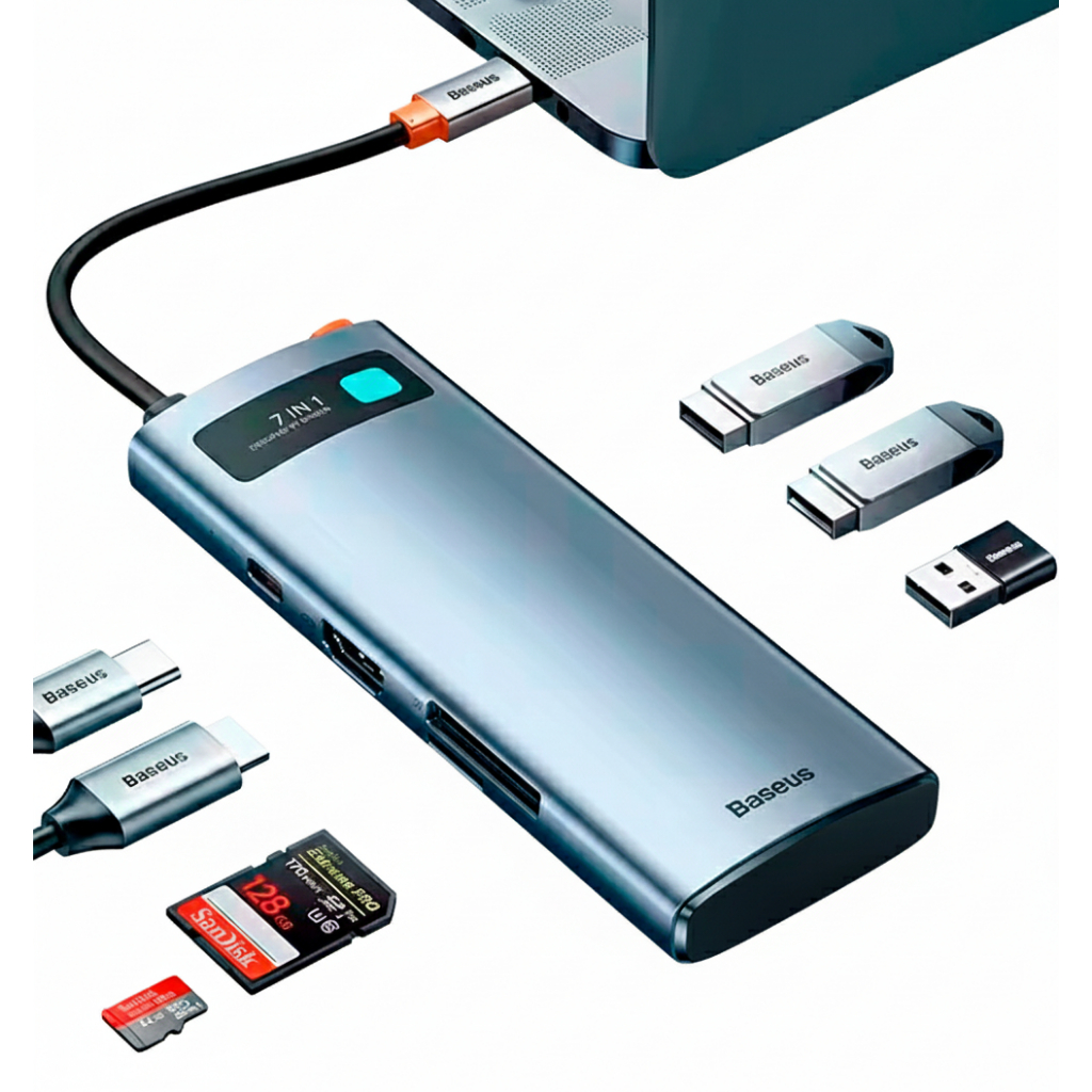 Hub Mac USB-C para Hdmi 4K 60Hz Adaptador 7 Em 1 Baseus 7 portas 3x Usb 3.0 5Gbps Cartão Memória SD TF PD 100w Windows