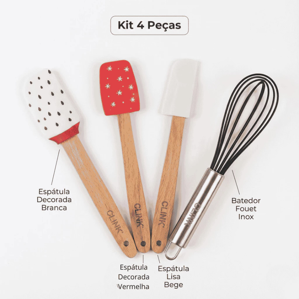 Kit 4 Peças Utensílios De Silicone Com Cabo De Madeira E Ferro Confeitaria, Espatula Raspadora, Fue