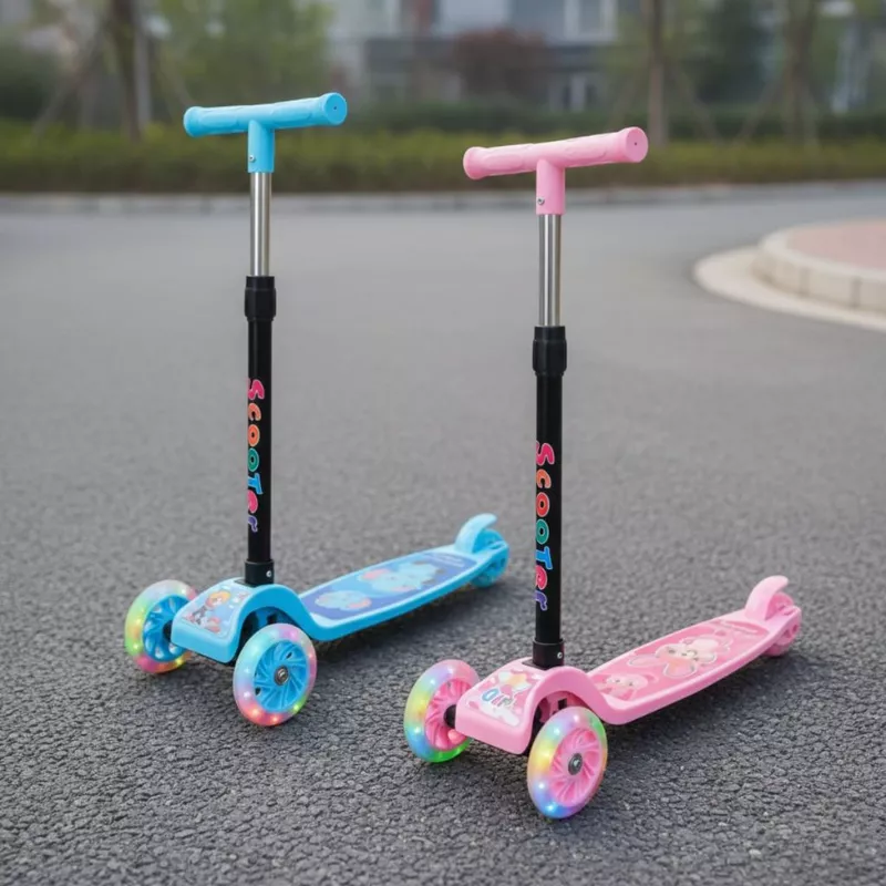 Patinete Infantil Dobrável 3 Rodinhas De Led Ajustável Azul e Rosa