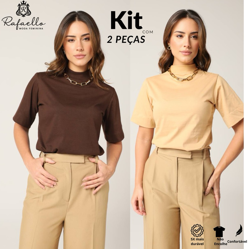 Kit 2 T-shirt Feminina Gola Alta Blusa Elegante em Oferta na Shopee