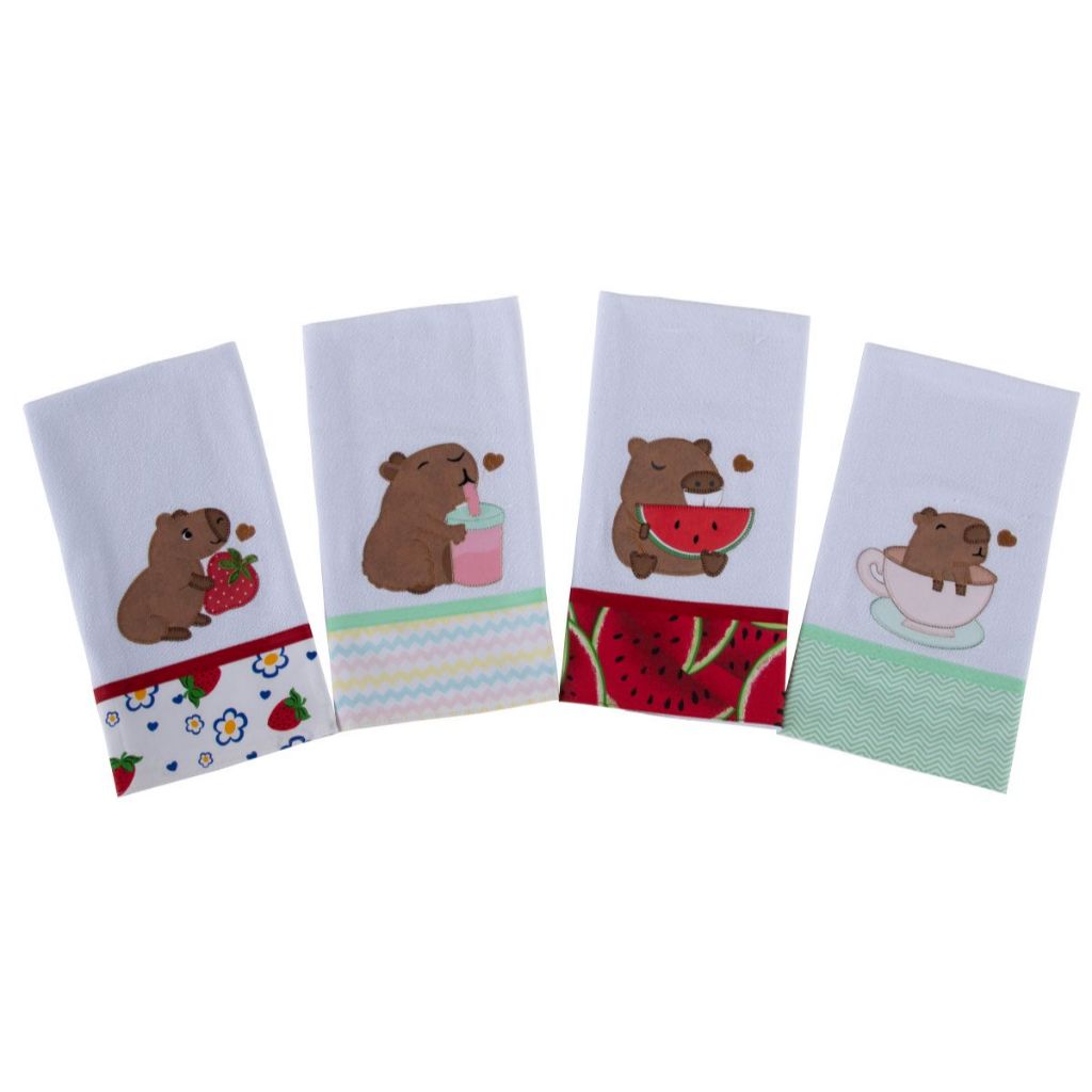 Pano de Prato Copa Capivara 48x68 Com Barrado Patchwork Colorido - 4 peças