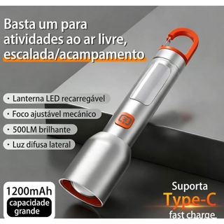 Lanterna Holofote Led Tática Recarregável Tipo-C Com Espelho Lanterna Profissional USB Ligas de Alumínio | 6h Autonomia