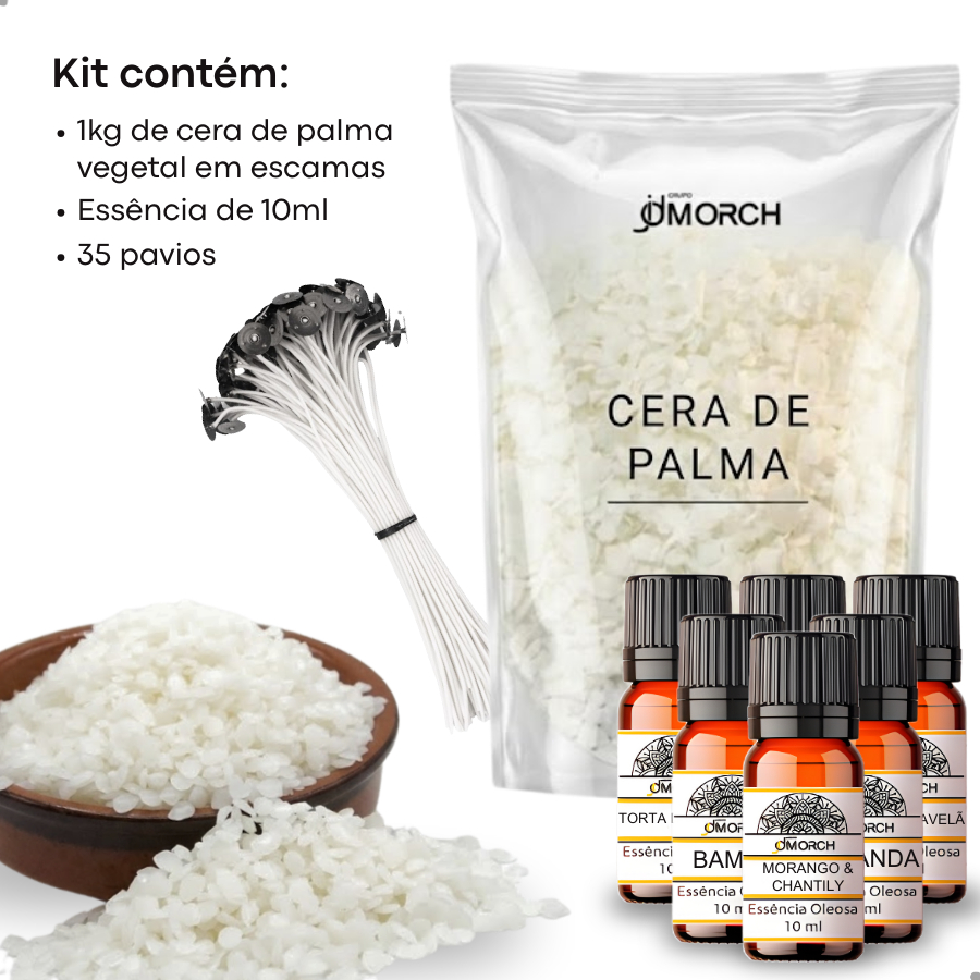 Kit para Vela 1kg de Cera de Palma + 35 pavios + Essência da sua Escolha