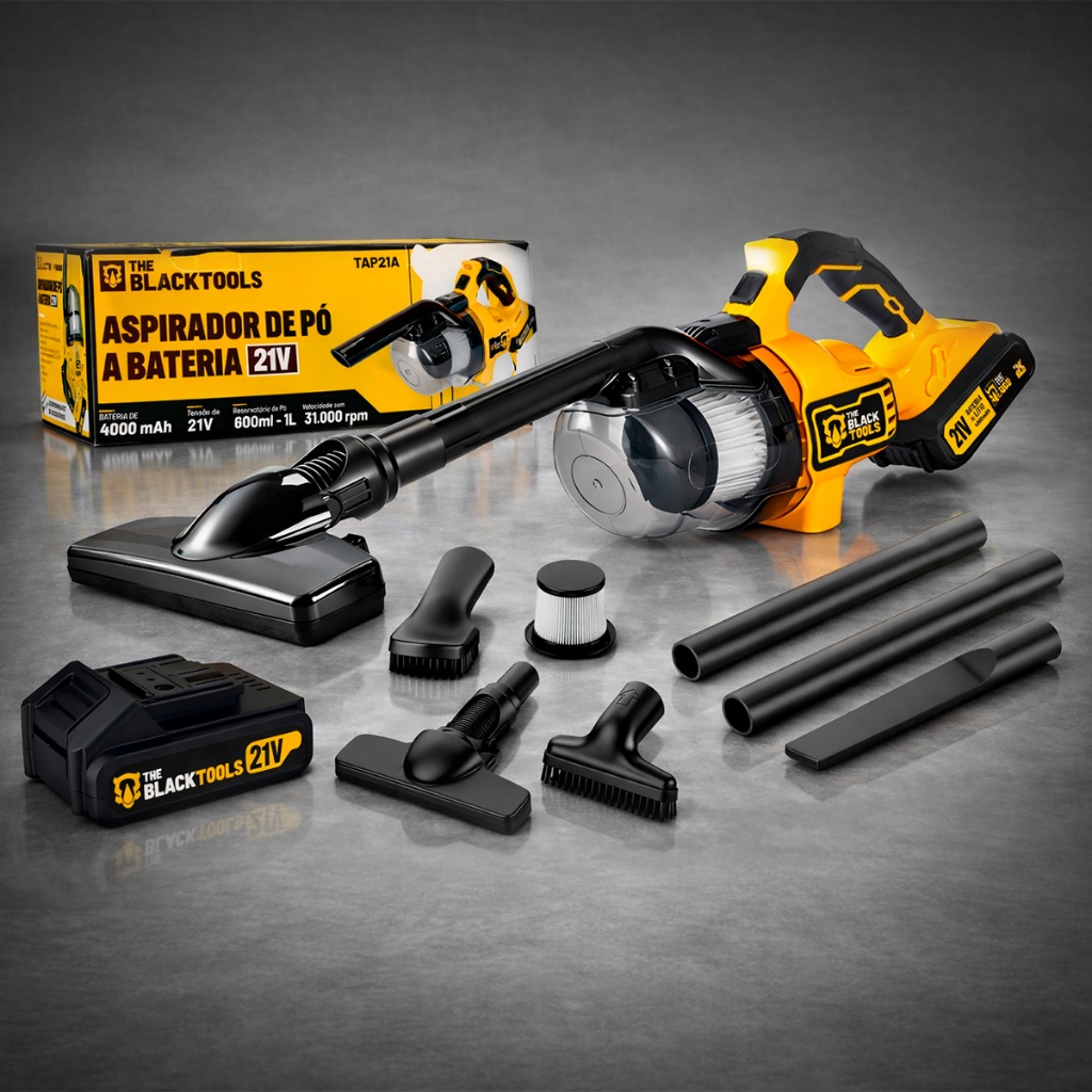 Aspirador de Pó Portátil a Bateria 21V com Acessórios The Black Tools 300W Filtro HEPA Luz LED em Oferta na Shopee