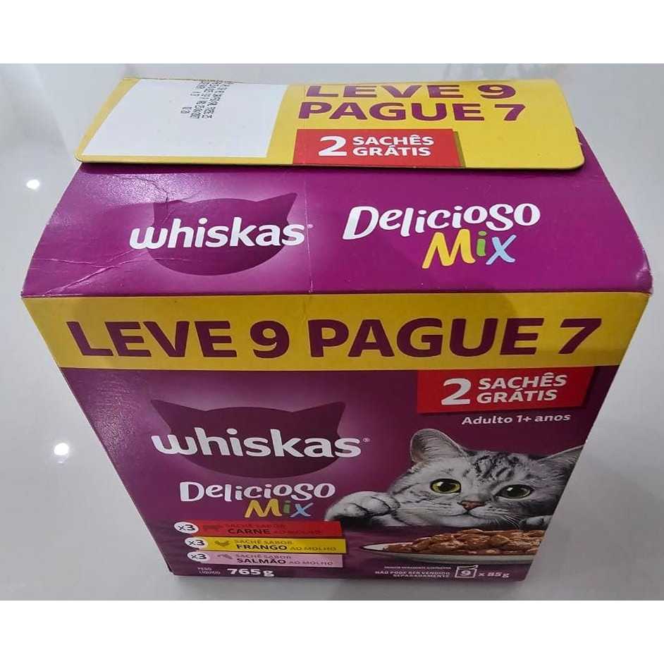 Ração Úmida Whiskas Sachê 3 Sabores Gatos Adultos Carne, Frango e Salmão Leve 9 Pague 7 em Oferta na Shopee