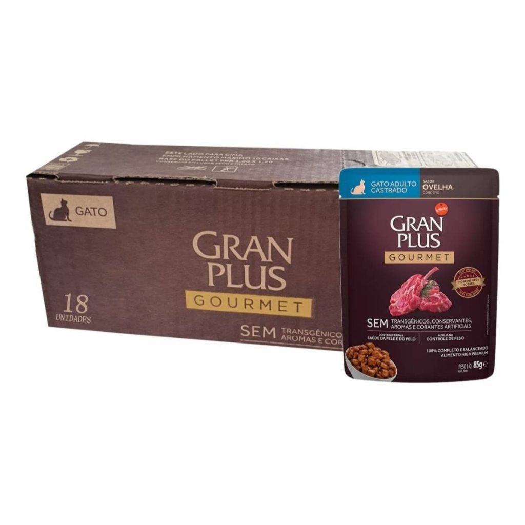 Kit 18un Sachê Gran Plus Gourmet Gatos Castrados Ovelha 85g Ração Úmida