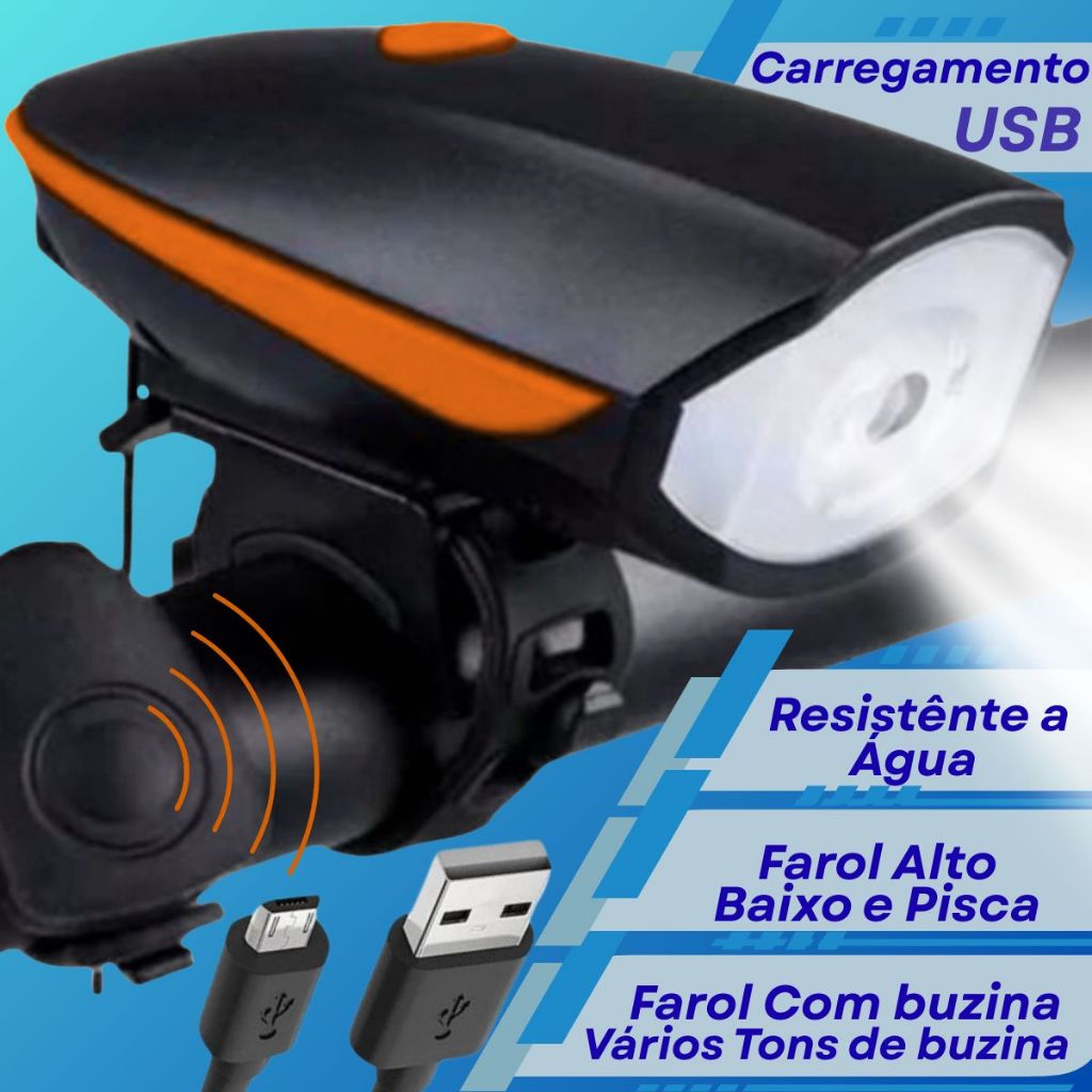 Farol Com Buzina Bike Carregamento USB Recarregavel 5 Modos de Som Luz Led Bicicleta em Oferta na Shopee