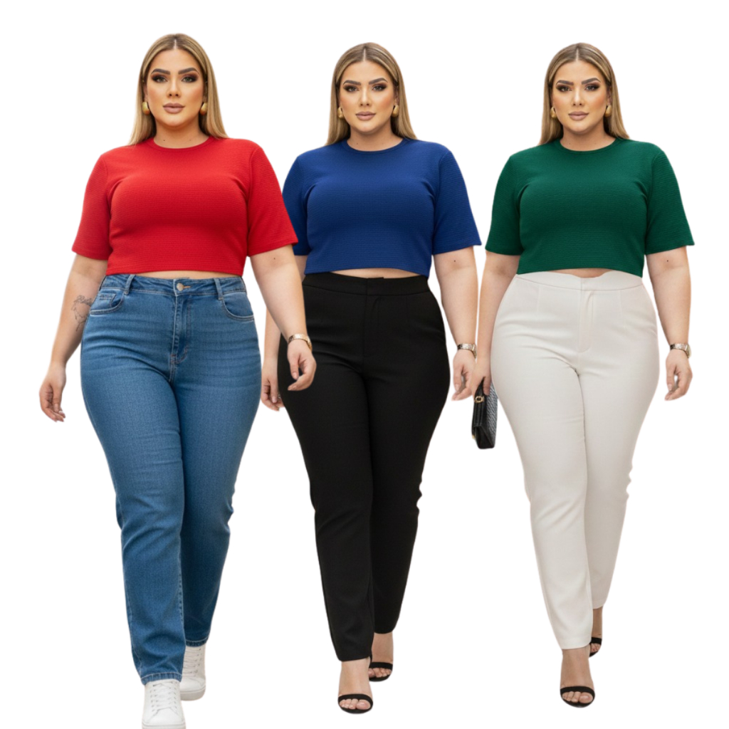 Cropped e Blusa Top Plus Size Modelador Com Manga Luxo Ana Ruga Com Elastano Confortável 44 ao 52